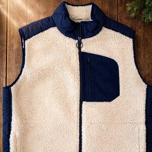 Lands’ End Sherpa Fleece Vest Men’s L 42-44 Navy Cream Full Zip Snap Puffer